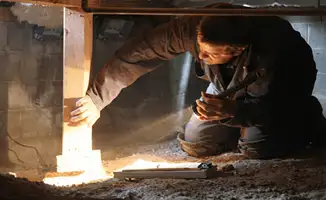 A professional inspecting wooden beams under the floor of a structure in Long Beach, CA